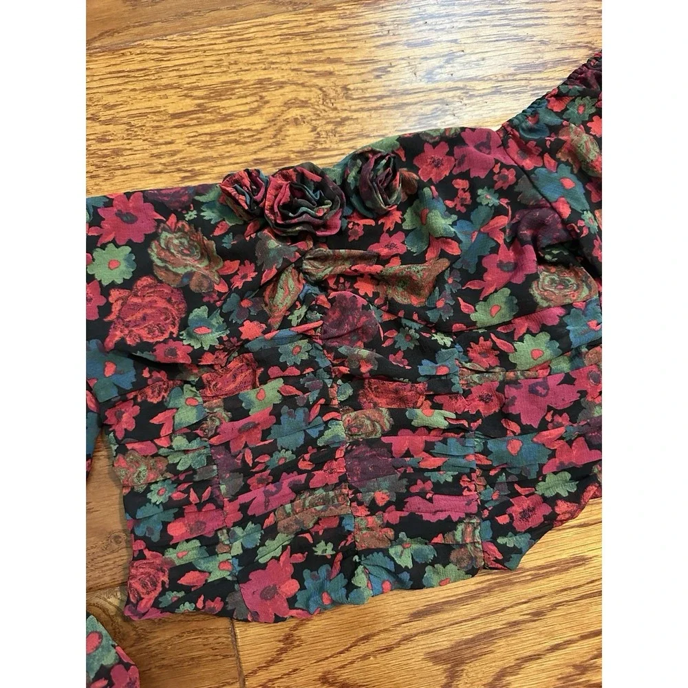 Free People Floral Off Shoulder Crop Top S 3D Rosette Ruched Long Sleeve